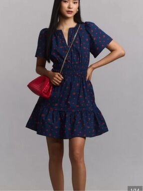 Anthropologie Somerset Mini Dress Sapphire Strawberry Print XLP